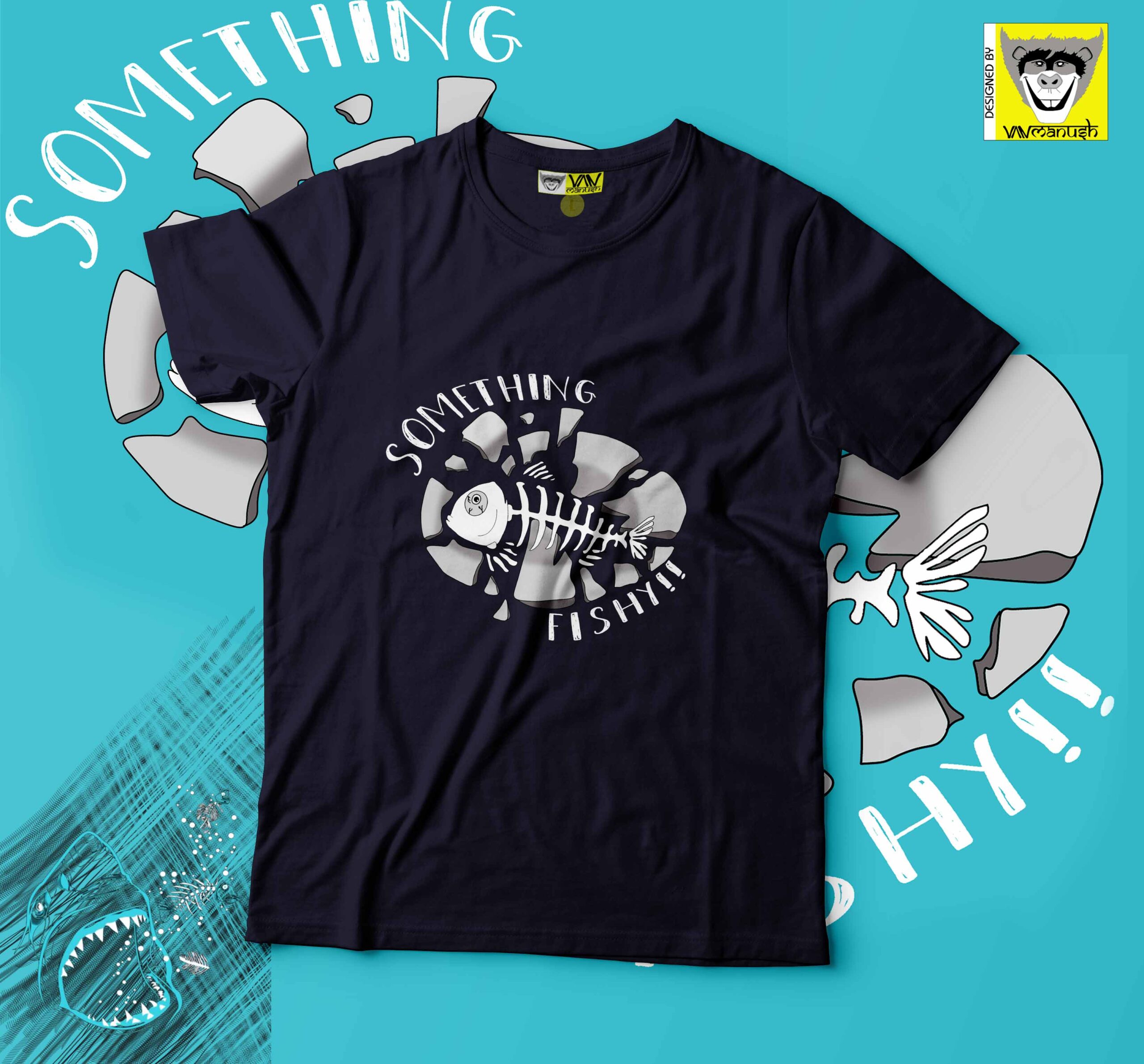 Something Fishy Design on Navy Blue Tshirt at www.vanmanush.com